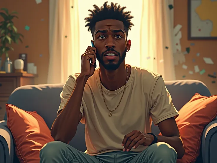 black man in simple clothes calling someone on the cell phone desperately in the living room with bright environment and the room being messy, with destroyed objects