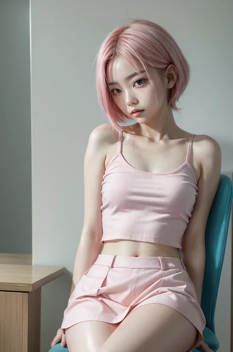 Beautiful Asian girl with warm skin. Sky blue and pastel pink hair. Legs crossed while sitting on a chair. Slim and perfect abdomen. Top clothing open pastel pink fabric blouse, undergarment small skirt pastel pink color. Explicit aspect.