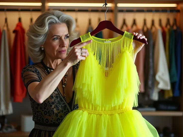 " An elegantly dressed 50-year-old woman is holding a hanger with a neon yellow fringe and exaggerated details of.  She holds the dress with an expression of disgust and points with the other hand at a symbol of forbidden  (🚫) which hangs over the dress . ...