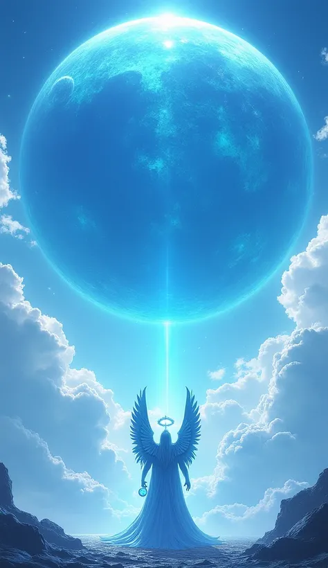  Giant Ice Blue Sun，Ice blue and white sky emperor man，   with angel wings hairpiece on the head   ，   has a blue glowing pearl on his hand，front view