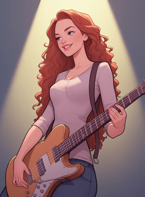 Jabstyle, a woman with long, flowing hair, dressed in a casual yet stylish outfit, passionately playing an electric guitar. Her fingers move skillfully across the fretboard as she stands on stage or in a room with soft lighting, the atmosphere filled with ...