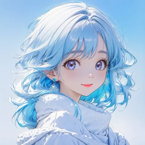 ((masterpiece, best quality)), 8k, Anime , Realistic ,sketch,  anime style portrait  , (((Snow anime ))),  blue gradient background,  off-shoulder knit ,  tousled medium hair in neon colors, lip,  big earrings , Wrap a scarf, White Cat, Texture Trim, Canad...