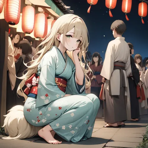 Master Piece, High Resolution, 1girl, solo, Lasy cute woman, fluffy very long beige hair, tucking one’s ear, bangs, beige eyes, full body, real body, pale color, shameful face, Pale blue-green Japanese KIMONO, Japanese festival, night,