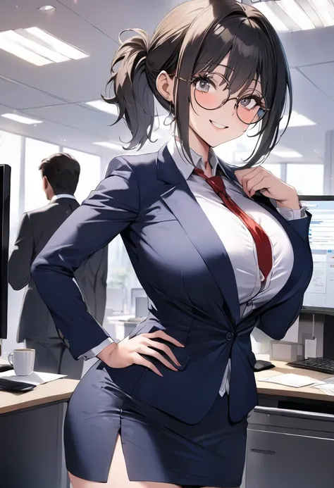 ((   best quality)), (( Masterpiece)), (    Details), (  1 Anime Girl   ),   sexy,   9 with dark hair and big breasts ０CM OL  , (Big droopy eyes),  short ponytail ,    young woman,  OL and round glasses  , (((  woman standing in office  ))) , (   woman in ...