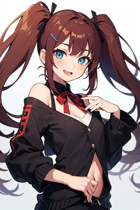  full body, 1 girl, chest,  looking at the camera, smiles,  simple background,  twin tails,  open her mouth ,  Ribbons Hair Accessories,  hair clips,  anatomically correct ,  pose