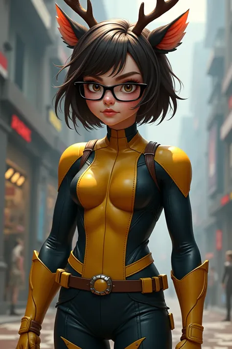 Teenager black mutant girl half reindeer wearing X-men uniform, she has short black hair and her uniform is black and yellowand she uses glasses and she is cute.