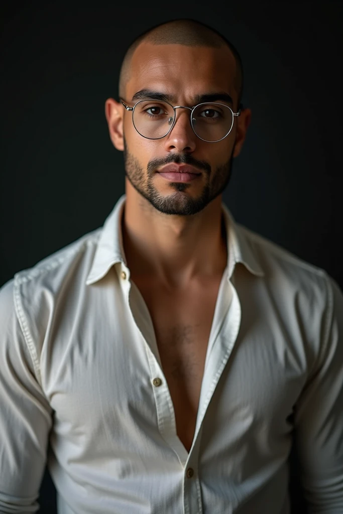 Handsome Brazilian man , shaved head,  linen shirt wearing round silver rimmed glasses, wearing a , athletic physique, Portrait of 60 mm, Portrait of 70 mm, 50mm Portrait, medium portrait top light,   Medium portrait with soft light,   soft portrait taken ...