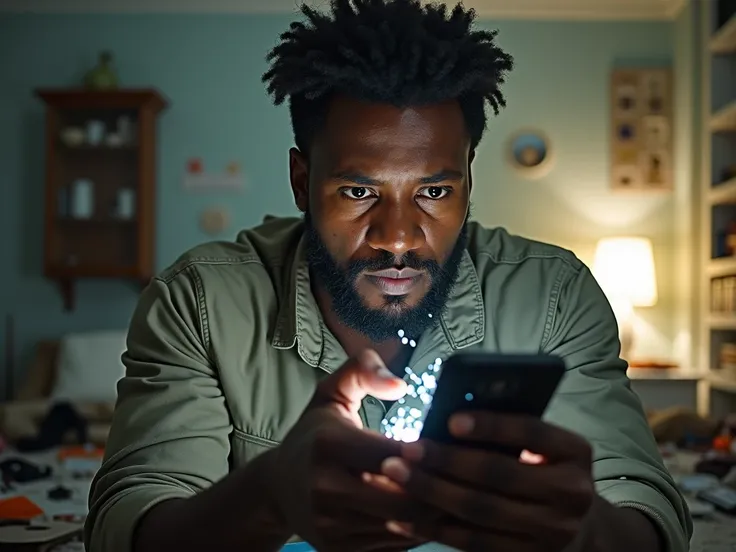 Desperate black man sees the cell phone that has no signal,  in the room cluttered with destroyed objects with a bright environment