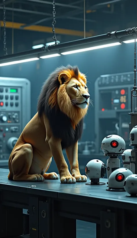 Image of a lion in a futuristic workshop with LED lights and futuristic equipment, alongside several android parts. Realistic, 8k, uhd, high quality.
