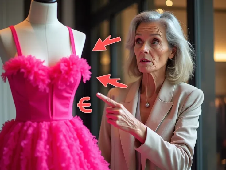 " A 50-year-old woman with a shocked expression pointing to a mannequin dressed in a flashy neon pink dress with exaggerated ruffles.  The dress is highlighted by red arrows and a large prohibitive symbol  (🚫). She is elegantly dressed in neutral tones ,  ...