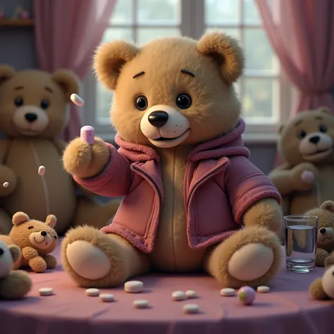 Teddy bear, holding a pill ready to eat, winter coat, one hand touched to one eye, look scare, at sweet home, a glass of water on table, some used tissue on table, different teddy bear around, “TAKE CARE” word in purple in “gigi” font style bond ib top, ro...