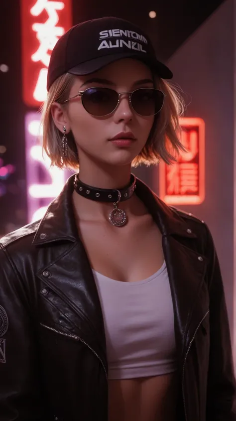 plano cercano del rostro, Alternative girl,  looking over black sunglasses , jacket, collar,  neon light reflections on the skin , earring, make-up,  skin imperfections ,  short hair , cap, neon light background , low light, depth of field,  highly detaile...