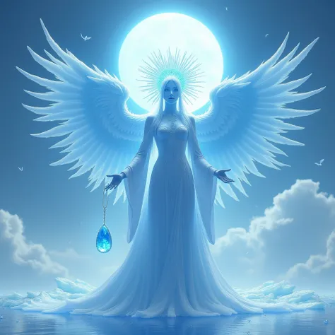 Huge icy blue sun on the head，Ice blue and white sky emperor man， white skin ，   with angel wings hairpiece on the head   ，   has a blue glowing pearl on his hand，Front Full Body Map