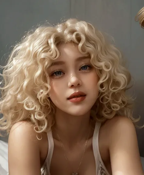  blond haired woman with a necklace and a collar around her neck, short curly blonde e haire girl, very very curly blonde  hair, cabello curly blonde , curly blonde e hair |  & , pale skin curly blonde  hair, curly blonde ,  curly bangs ,  curly white hair...