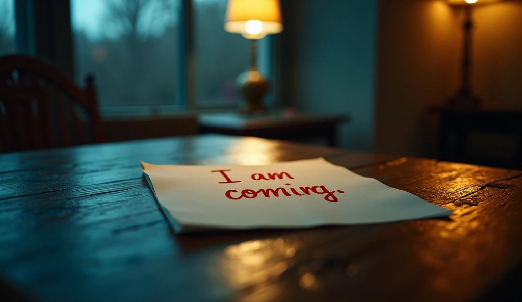 low angle dark cinematic shot of letter on a wooden table, written I AM COMING with red color, cinematic blue lights, cinematic cool tone, cinematic yellow-orange tint lights, 4K quality