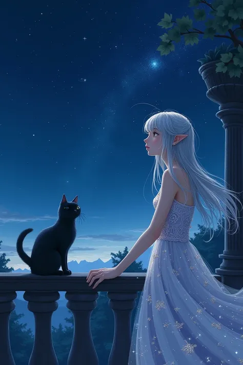 A girl with sliver hair and starry dress watching the night sky with a black cat standing on the balcony 