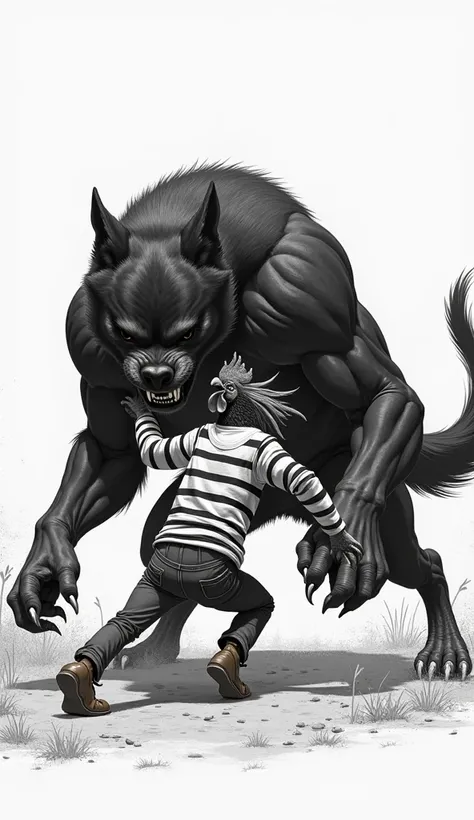 Generate the following image (A black and white, large, muscular and evil-looking dog knocking out a French free-range chicken, as if in a fight) the rooster is visibly naked. Both wear white shirts with black vertical stripes.