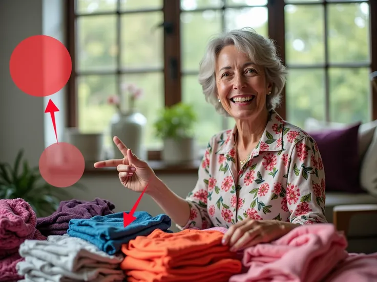 " A smiling 50-year-old woman ,  dressed in a sophisticated way ,  pointing to a pile of clothes with prints and vibrant colors  (like flowers or neons ),  with a large red circle and bright arrows pointing to the items.  The environment is a bright living...