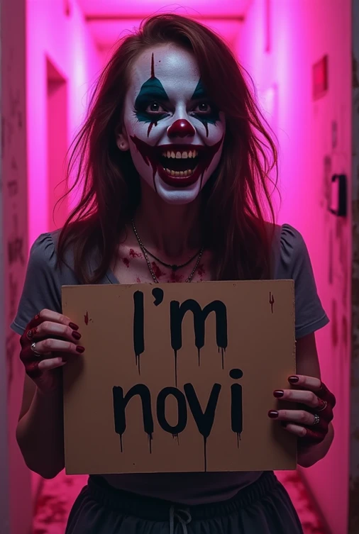 Woman wearing clown makeup and blood-stained clothes holding a sign written Im NoVi. The background has shades of dark pink and purple with flashing lights