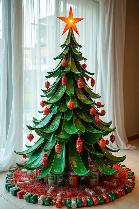 Create Christmas tree design made from recyclable materials such as mountain dew bottle, flatten tanzan of soft drinks, Christmas balls and star made from colored paper, curtain made from plastic 