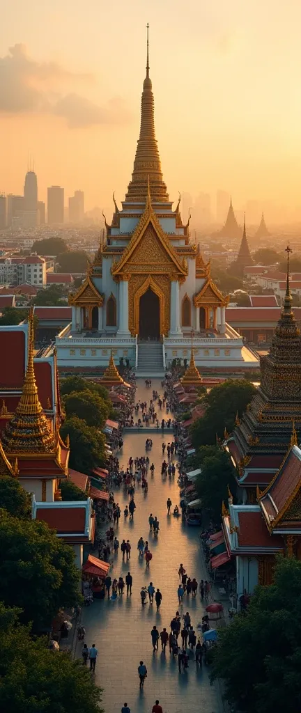 Create the image of the tourist city of Bangkok Thailand. (its majestic temples, View from a drone).