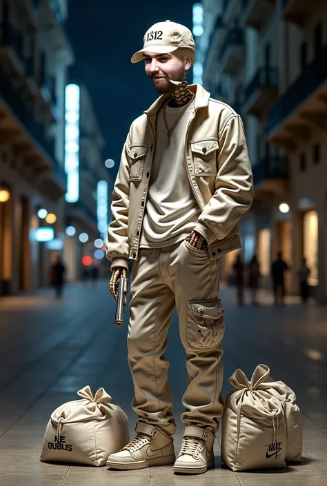  Statue marble sculpture of a skeleton with cap written 1312 marble marble jacket marble angel and t-shirt Written by Raval in marble marble marble pants and sneakers Nike dunk low marble backpack Nike marble backpack and marble pistol,  on the floor large...