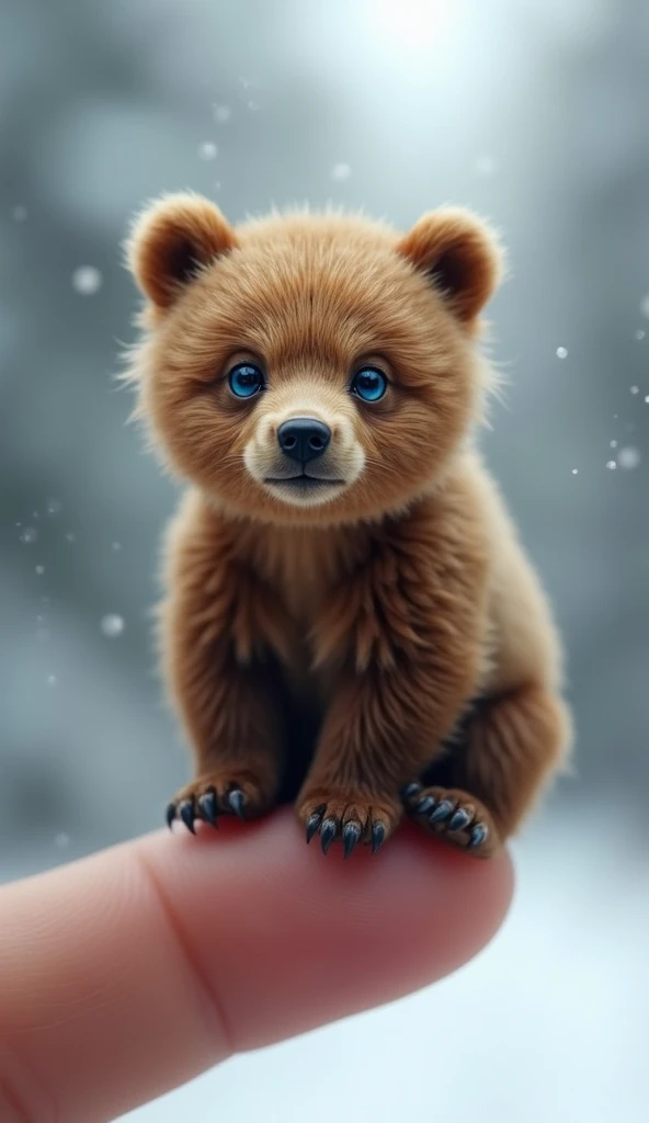 Create an enchanting image of a cute and smiling grizzly bear with striking blue eyes and a full, fluffy coat, delicately perched on the tip of a person’s finger.winter, The bear, smaller than the fingernail, should have soft, brown fur with a miniature, p...