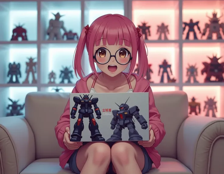 A photo of a beauty Japanese girl. A sweet cute girl, smiling, holding up a Gunpla box. She has short pink hair, blunt bangs, twin tails.She has big round glasses, She is wearing a white low cut tank top, thin straps, pink jacket, running shorts, red hair ...