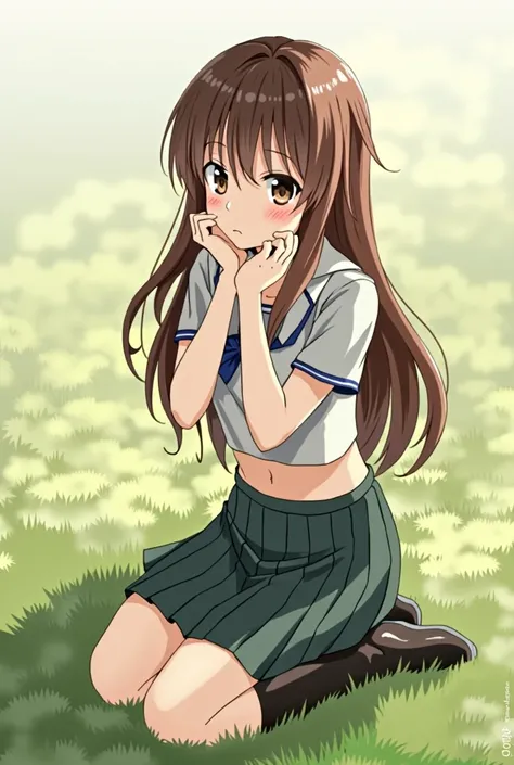 Female student with long brown hair wearing a , sitting in the desired position in a , student skirt and , cropped tee covering her chest
