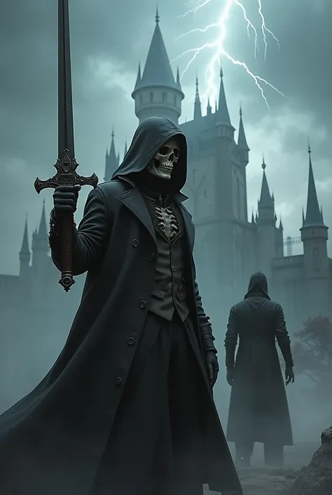 high definition two people . man hooded skull in front , with black jacket and black pants with big sword supported by a foggy day castle behind with a lot of storm and fog and lightning
