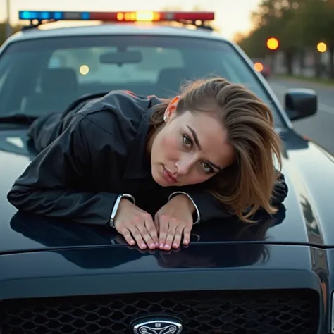 handcuffed woman leaning over chest down laying on the hood of a police car, her hands are behind her back in slim standard police handcuffs, side view, face looks into camera, het feet are on the street, full body in view