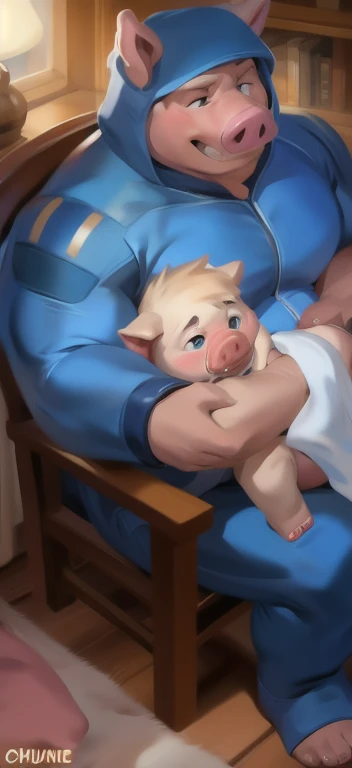 Stay with Baby Pig cry, big man​, Sit in a chair, den, Hugging a baby pig with a blanket,big pig ,blue military spacesuit, overweight, muscular, Sexual Emotions, by chunie