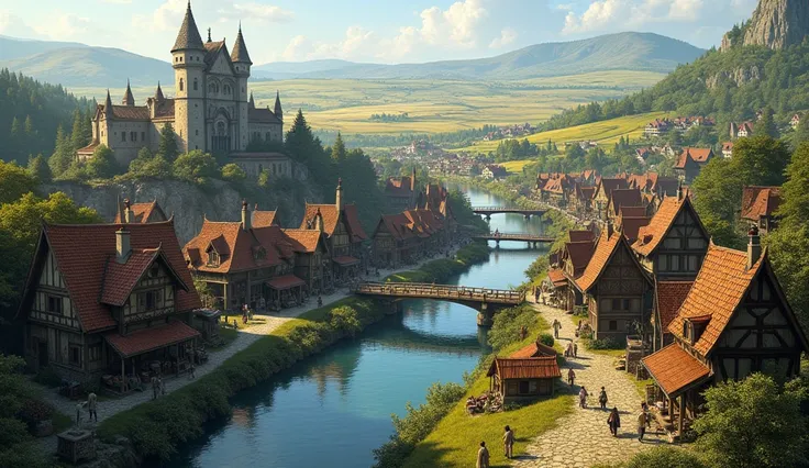 village、 real、Realistic、river、There is a bridge between the castle and the prairie、Its bustling