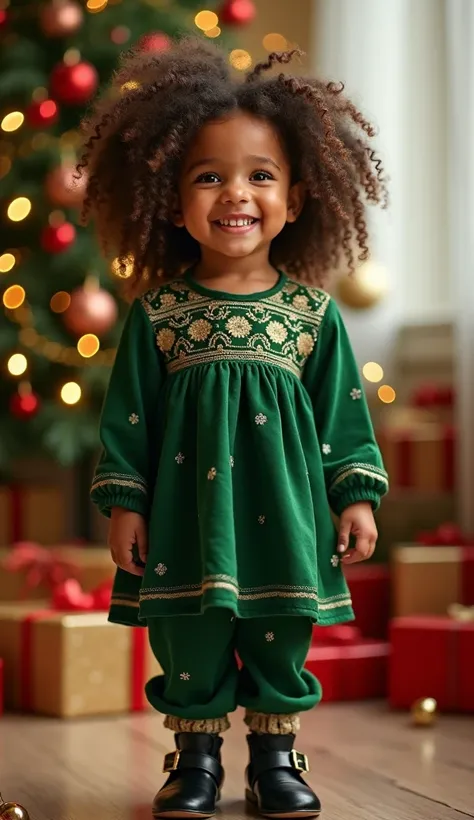  An ultra realistic image of a  up to two years old with voluminous and well-defined curly hair,  wearing green Christmas clothes . The  is facing , standing,  smiling radiantly ,  capturing an expression of innocence and typical hood joy .  She appears fu...