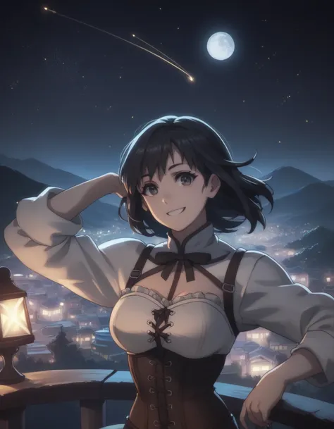 score_9, score_8_up, score_7_up, gsfghtr, Corset Top, long straight hair, black hair 1girl, bright, best lighting, smile, on top of mountain, city lights at night, moon, shooting stars