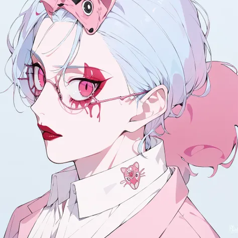 (( Pink Panther ,  light blue hair,  girl)),( Chainsaw Man ), Crimson Eyes. Dark red lips,  red eyeshadow,