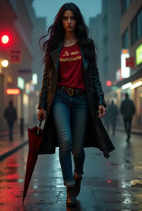 Un portrait très réaliste et précis dune femme aux longs cheveux noirs et aux gros seins portant un tricot portant le mot « Je suis marocaine » et portant un jean moulant et des chaussures rouges. Elle est très belle, élégante et très attirante à voir. , s...