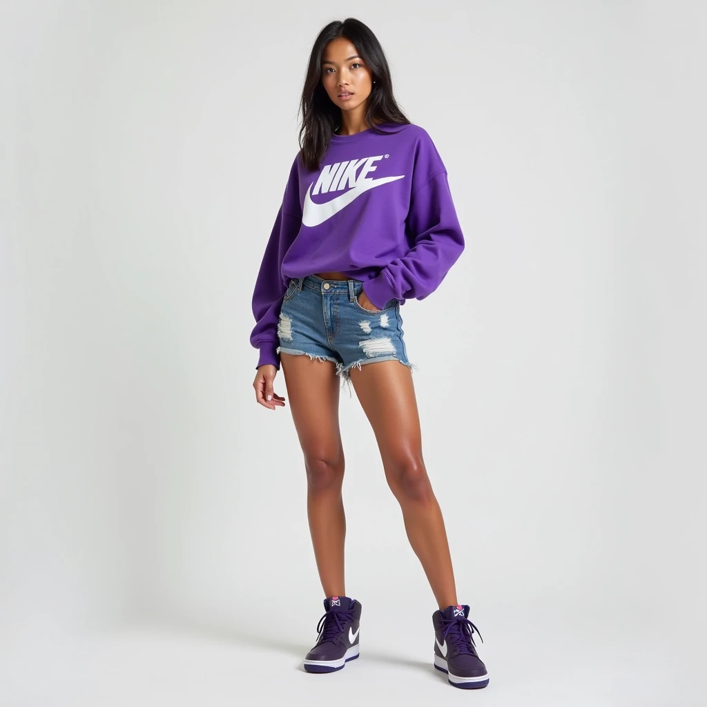 Et ec que tu peux la remettre  entièrement avec son mini short en jean et le pull violet Nike et les aire force 1 violet foncé et blanc