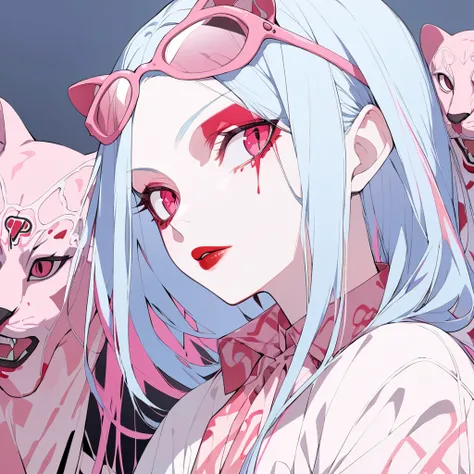 (( Pink Panther ,  light blue hair,  girl)),( Chainsaw Man ), Crimson Eyes. Dark red lips,  red eyeshadow,