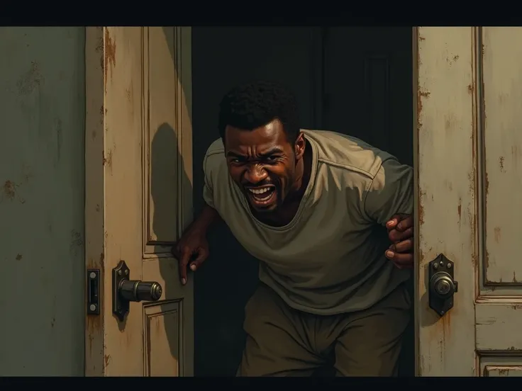 Black man in simple clothes desperately tries to leave the house, But the door is locked]