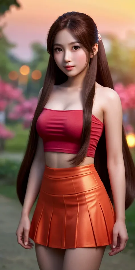 Thai anime girl with a round face, Asian girl with porcelain-like skin, long hair, very long hair, extra long hair, 2 meters long, red cheeks, red skin, glowing skin, red mini skirt, 36-inch bust, beautiful, realistic image. 3D 8k portrait shot with a high...