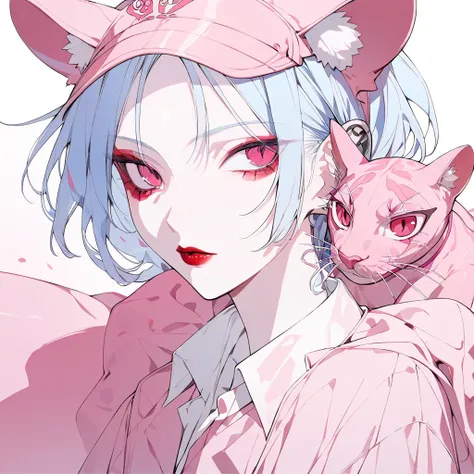 (( Pink Panther ,  light blue hair,  girl)),( Chainsaw Man ), Crimson Eyes. Dark red lips,  red eyeshadow,