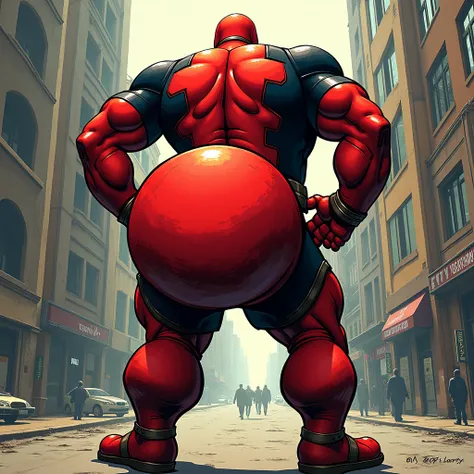 Marvel comic style deadpool with a huge ass, big butt, bubble butt, large booty, tall, masculine, male, marvel, red suit, bend over, hands on ass, big huge ass, comically sized butt