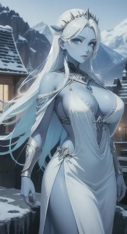 Blue skin, Frozen woman, rare, ice maiden, shiva armor, beautiful women, long icy hair, icy eyes, blue skin, winter village,