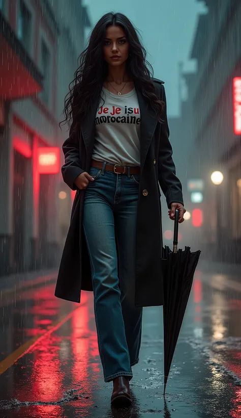 Un portrait très réaliste et précis dune femme aux longs cheveux noirs et aux gros seins portant un tricot portant le mot « Je suis marocaine » et portant un jean moulant et des chaussures rouges. Elle est très belle, élégante et très attirante à voir. , s...