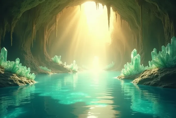  Masterpiece、 Max Image、cave、 imaginary、Light yellow sunlight from the entrance 、morning、 Light Blue Underground Lake 、Sunlight reflecting on the surface of the water 、明るいcave内部、（ crystals randomly arranged ：2.0）、 clear crystal crystals 、 Sunlight Reflects...