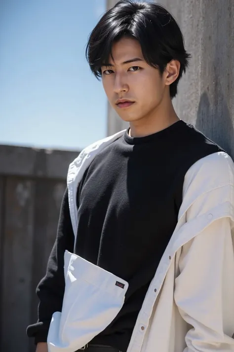 A handsome Russian-Korean man with shoulder-length hair, looking to the side, a teenage model, sitting in a coffee shop, looking out the window, naturally, no beard, showing little of his face.
