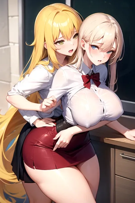 lesbian (very long loose yellow hair)( Big breasts,  big thighs)(almost naked but with tight skirt) that he is kissing and touching his parts at school with his girlfriend(that they are in a very sexy and compromising position with their girlfriend( Big br...