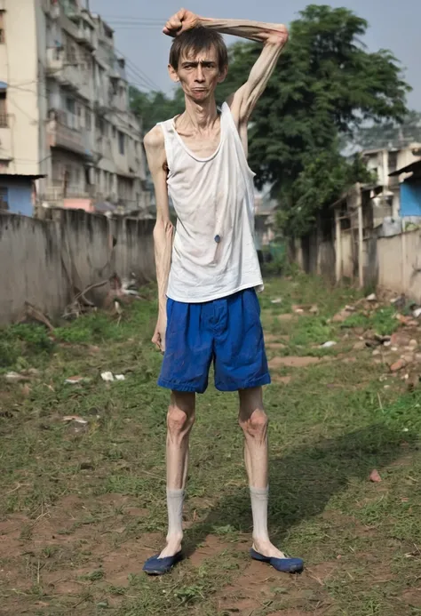 ((Side pose)) extremely thin and ugly young man, emaciated and starving, weighing only 30 kg, 1.6 m tall. He has very thin arms, is badly injured, wears a school uniform, blue shorts, a dirty white shirt, old black shoes and his legs are very thin. The man...