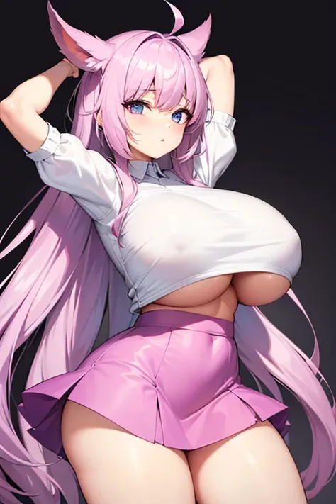 wears a tight skirt, wearing a white shirt,Hyper Largest_boobplate!!